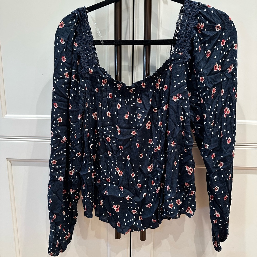Blue Smocked Ruffled Long Sleeve Blouse